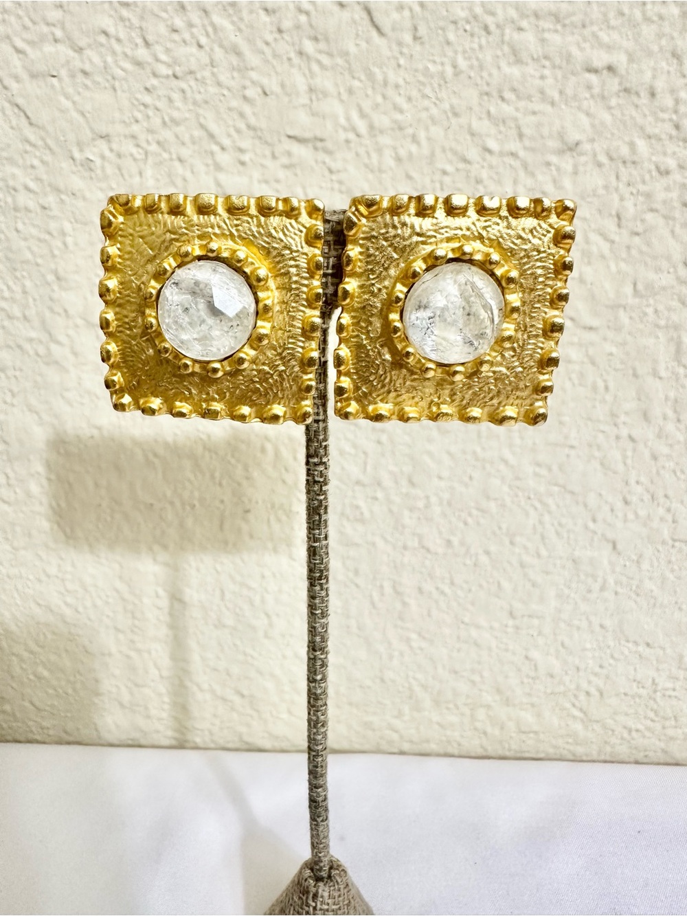 Vintage Matte Gold Plated Squares with Crystal Accent - Clips